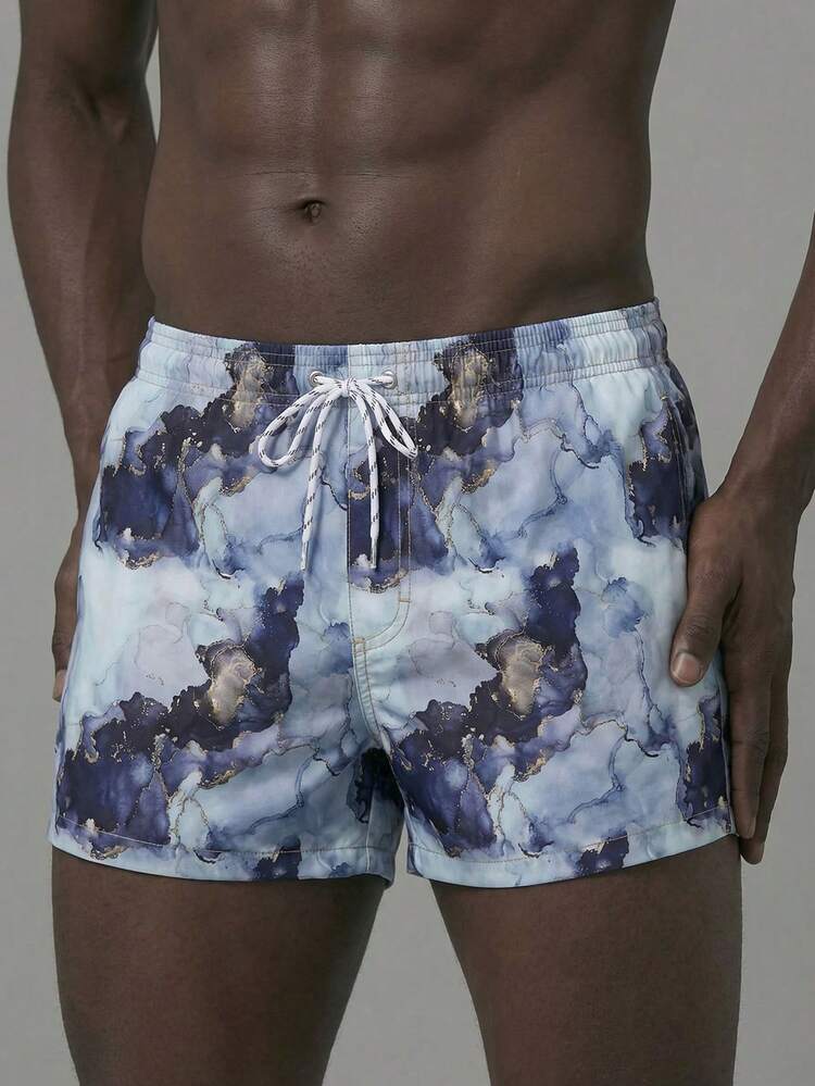 Men Graphic Print Drawstring Waist Swim Trunks