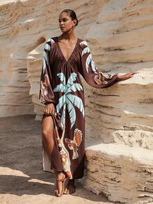 Maija 女士热带植物印花长袖连衣裙，度假风 - 彩色 - 查看 4