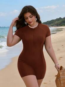 Swim Lushoire Maillot de bain une pièce grande taille longueur complète avec fermeture éclair - Tabac - Voir 3