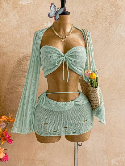 Soleia 女士度假沙滩亮片装饰系带露背抹胸上衣和迷你裙针织套装