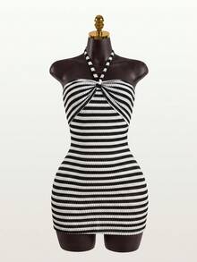 SaltGleam SaltGleam Women's Striped Bodycon Halter Neck Dress - Multicolor - View 1