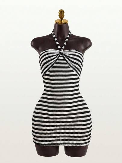 SaltGleam SaltGleam Women's Striped Bodycon Halter Neck Dress