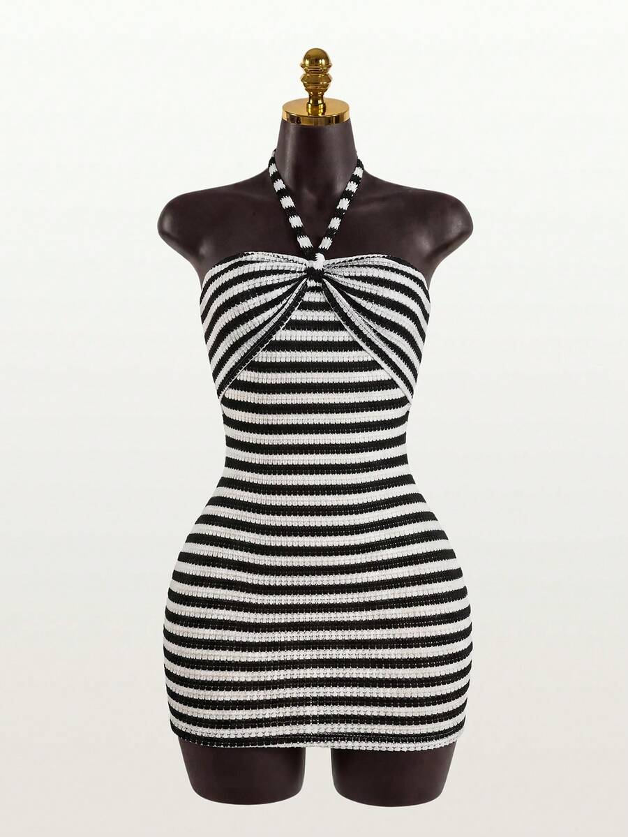 SaltGleam SaltGleam Women's Striped Bodycon Halter Neck Dress - Multicolor - View 1