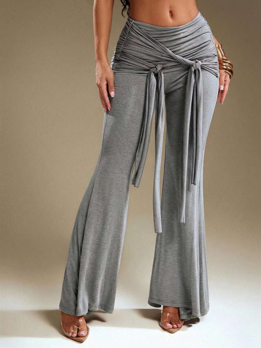 Denimoi 系带喇叭裤休闲穿搭时尚街头风个性裤装It Girl穿搭 - 灰色 - 查看 1