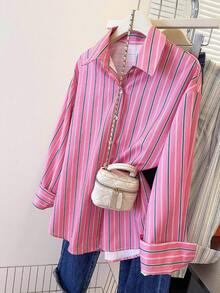INAWLY Women's Striped Long Sleeve Single-Breasted Casual Shirt - Hot Pink - View 4