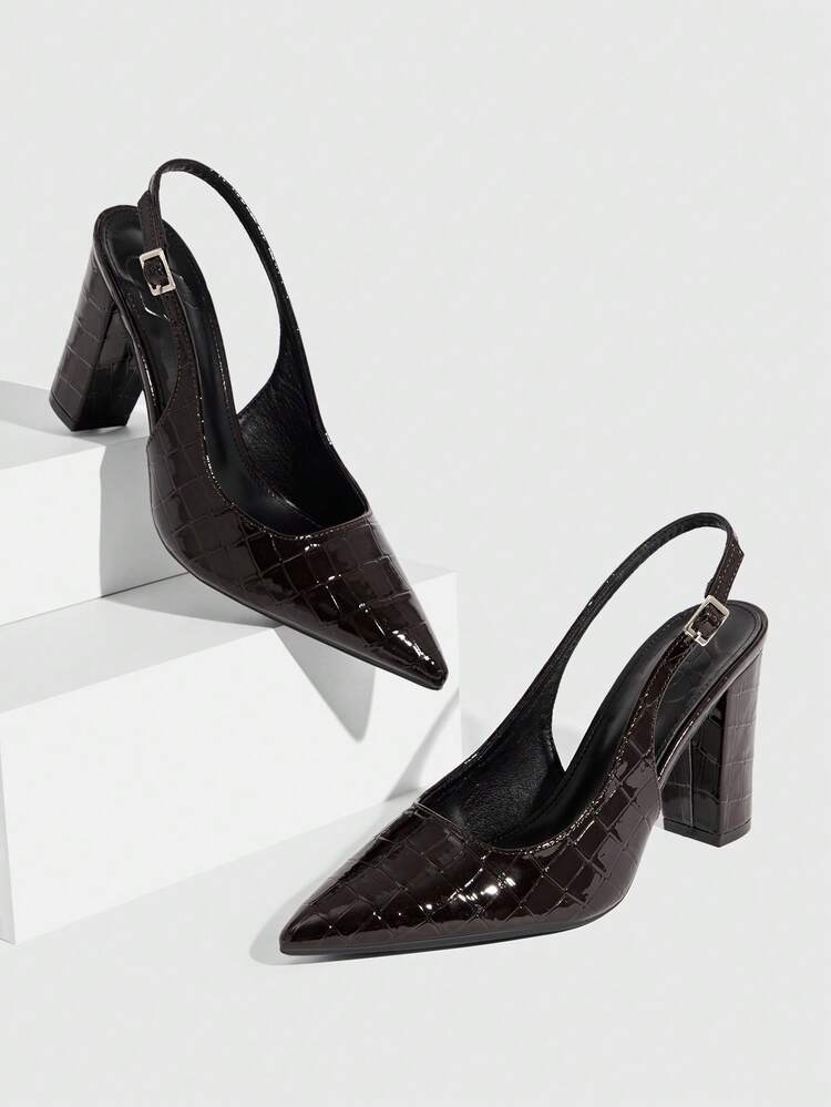 CUCCOO SZL Women Shoes Spring Summer Pointed Thick Heel Metal Buckle Sexy High Heels Patent Leather Crocodile Pattern Solid Color Women's High Heel Shoes Dating Daily Party