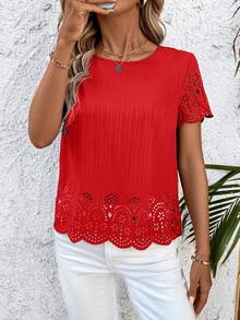 SHEIN Clasi Women's Short Sleeve Burnout Shirt, Spring/Summer,Red Top - Red - View 6