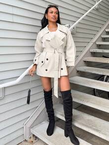 Natali Santanap 女士时尚优雅双排扣束带风衣法式风衣女装风衣秋冬女装风衣 - 灰色 - 查看 6