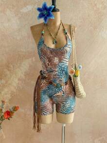 Flirla Body de cuello en U sin espalda con decoración de cuentas ámbar con estampado de leopardo para mujer, conjunto de fiesta vintage sexy para primavera/verano, uso casual y de calle - Multicolor - Ver 3