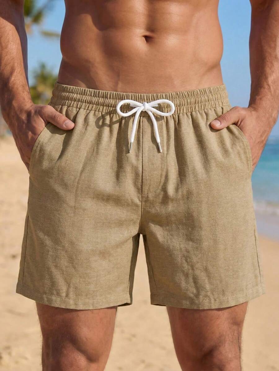 VIVINTIMO 男裝束口短褲，卡其色純棉運動休閒基礎款式 - 卡其色 - 查看 1
