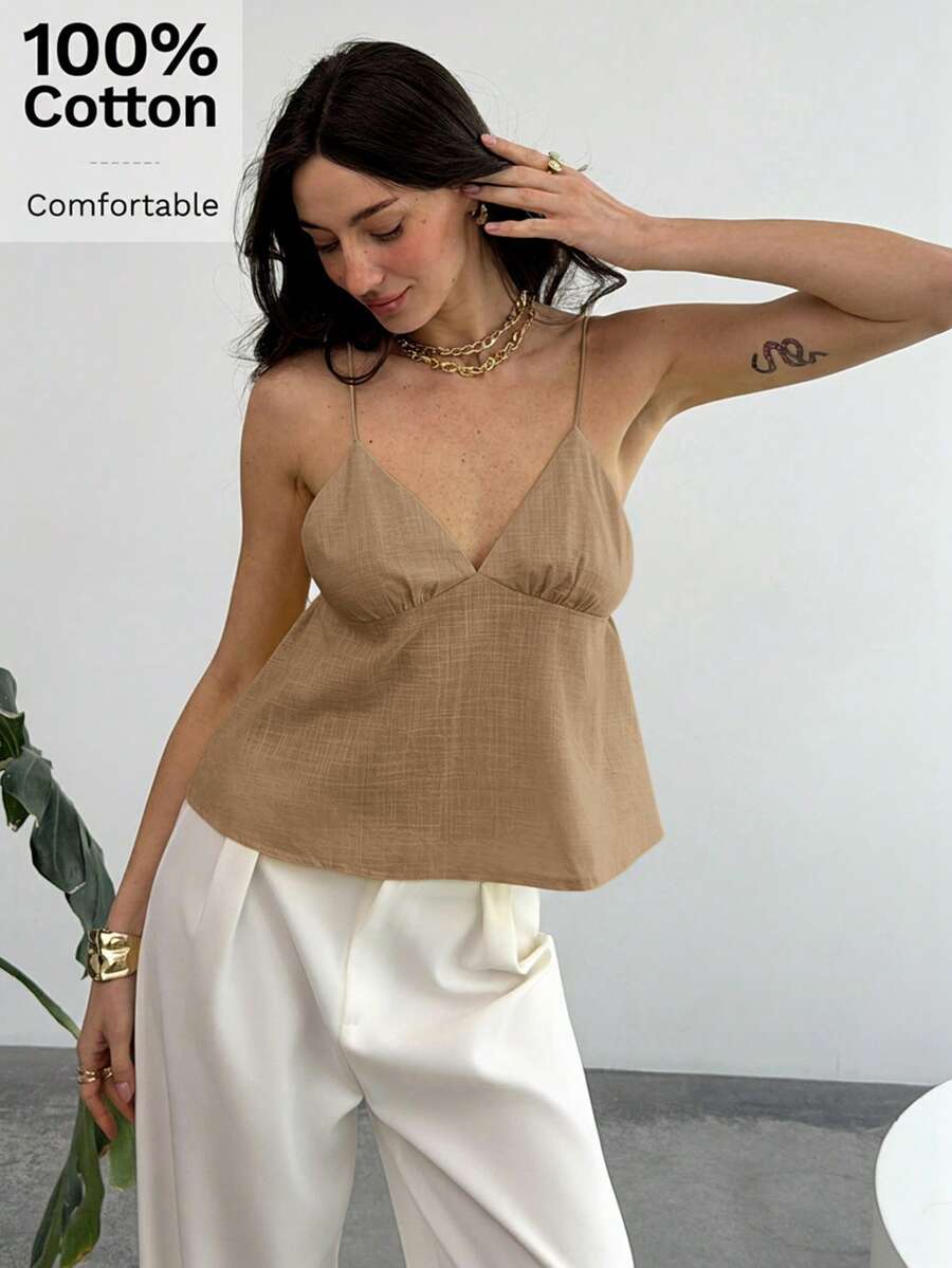 Aloruh 女士休闲纯色吊带背心 - 棕色 - 查看 1
