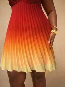 SHEIN BAE Plus Size Women's Ombre Ruched Cami Dress,Elegant Red Summer Satin Party Gradient Pleated V Neck Mini Sundress With Spaghetti Straps For Vacation - Multicolor - View 9