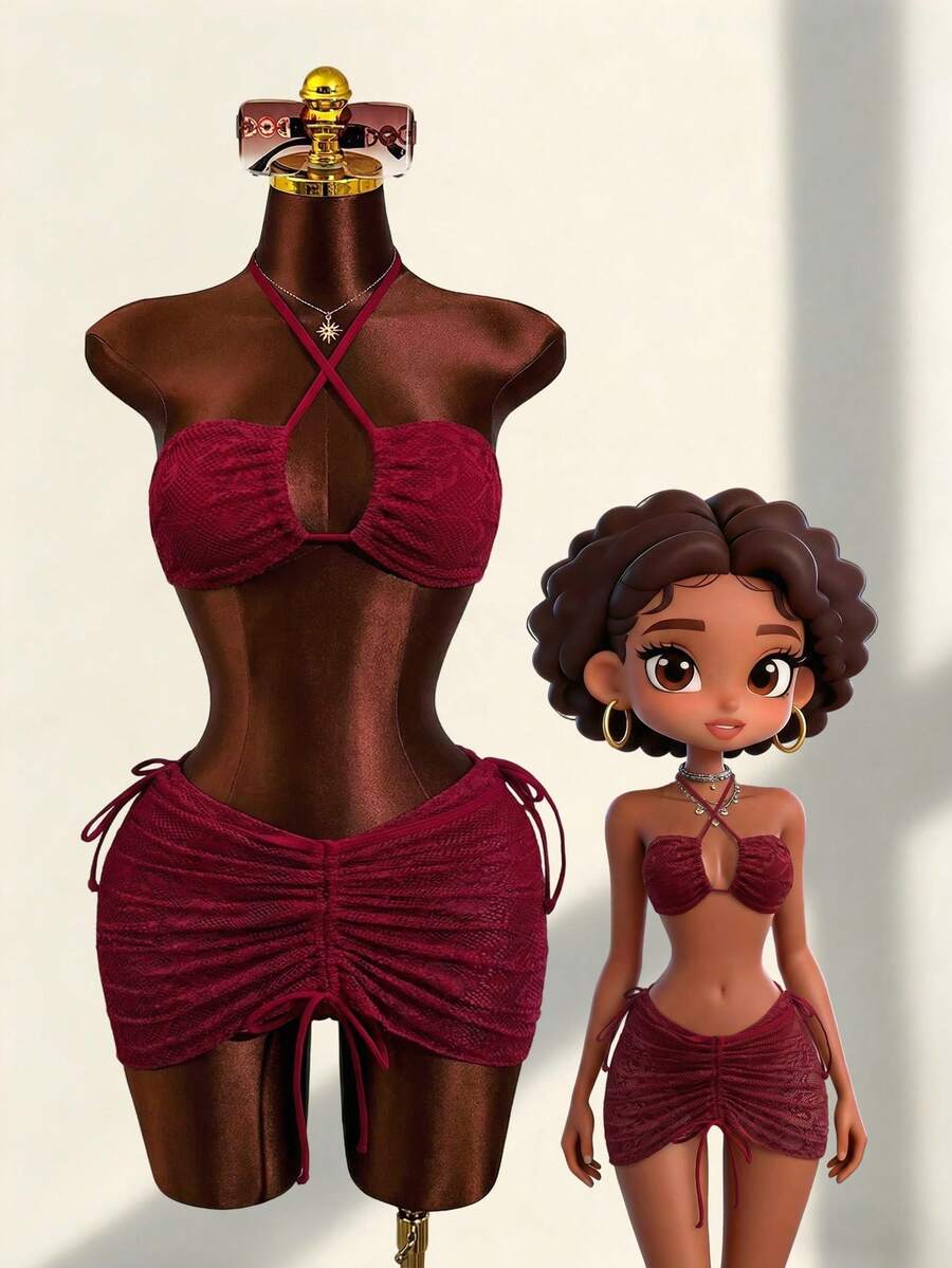 Bellisia 女士夏季酒红色复古蕾丝镂空泳装套装，柔和的酒红色，配有可调节肩带，系带褶皱上衣和抽绳荷叶边裙，透视蕾丝质感，性感休闲的海滩度假风 - 酒紅色 - 查看 1