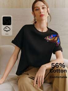 Anewsta Áo thun nữ thanh lịch, chất liệu 56% cotton, kiểu dáng tối giản, cổ tròn, tay ngắn, dáng rộng, thêu họa tiết bướm đính sequin. - màu đen - Xem 7