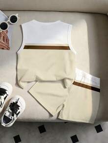 Set de 2 piezas de ropa para bebé niño, top de tirantes con estampado de rayas y letras combinado con shorts con estampado de rayas, adecuado para salidas de verano - Multicolor - Ver 2