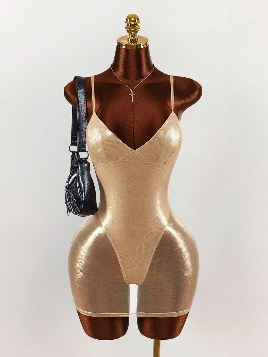 Amplova 女士低胸透视性感迷你连衣裙 - 金色 - 查看 1