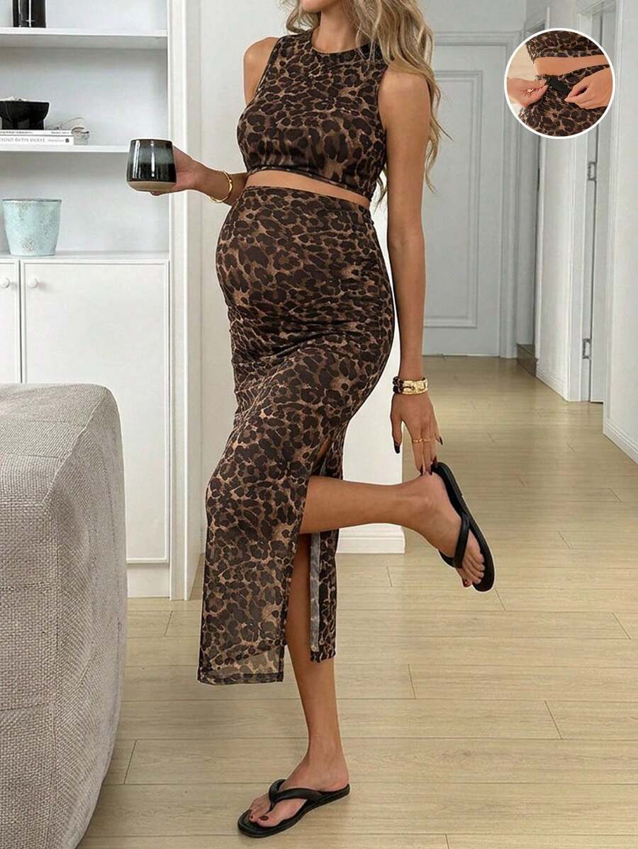 SHEIN Maternity Leopard Print Sleeveless Top And Skirt 2 Pieces Set - Brown - View 1