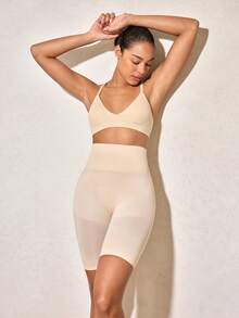 女士修身塑形短裤，收腹提臀，半透明 - 杏色 - 查看 9