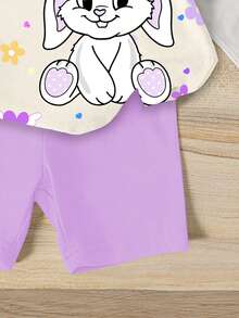 SHEIN GraphicGems 1 Set Baby Girls Lovely Rabbit Ear Leopard Print Heart Graphic Tee And Knit Shorts Cute Outfit, Cartoon Bunny Print T-Shirt Set, Spring To Summer, Summer Outfits, Easter Outfit - Multicolor - View 3