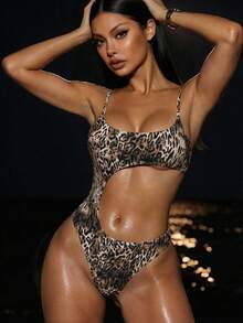 Swim SXY Women's New Leopard Print Random Hollow Out Sexy Elegant Vacation Minimalist Party One-Piece Swimsuit - Multicolor - View 2