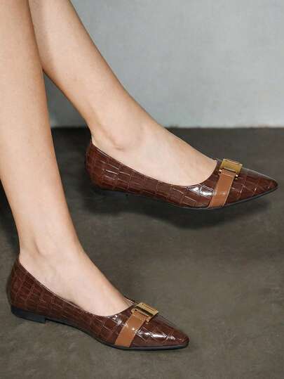 女士尖头平底鞋，软底低帮一脚蹬乐福鞋，带链条装饰和大理石纹，休闲舒适百搭平底鞋，适合搭配连衣裙，通勤皮革办公室女士鞋