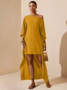 Vesra Vestido de mujer de unicolor con cuello asimétrico, parte delantera corta y parte trasera larga - Amarillo - Ver 6