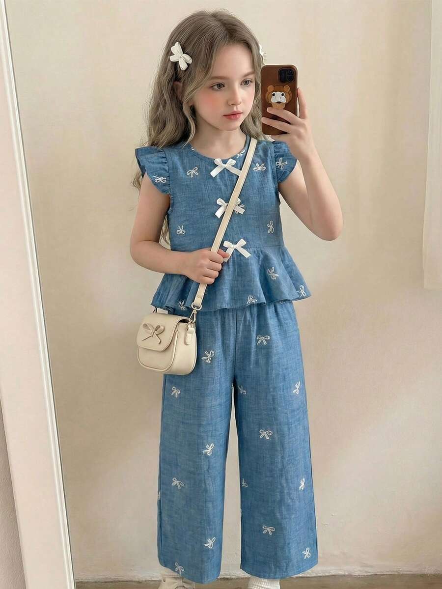 Elladie kids 2件套女童夏季新款圆领蝴蝶结刺绣印花泡泡袖荷叶边下摆衬衫和直筒短裤休闲复古时尚套装 - 藍色 - 查看 1