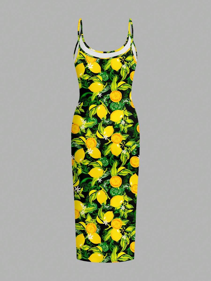 SHEIN EZwear Casual Minimalist Full-Length Tight Strap Maxi Dress, Lemon Print Pattern Suitable For Summer,Summer Dresses For Women - Multicolor - View 1