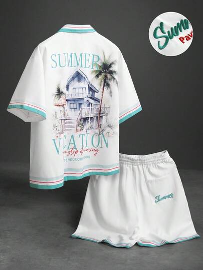 PAVTROS Conjunto casual de camisa de manga corta con estampado de letras y palmeras y pantalones cortos para hombre