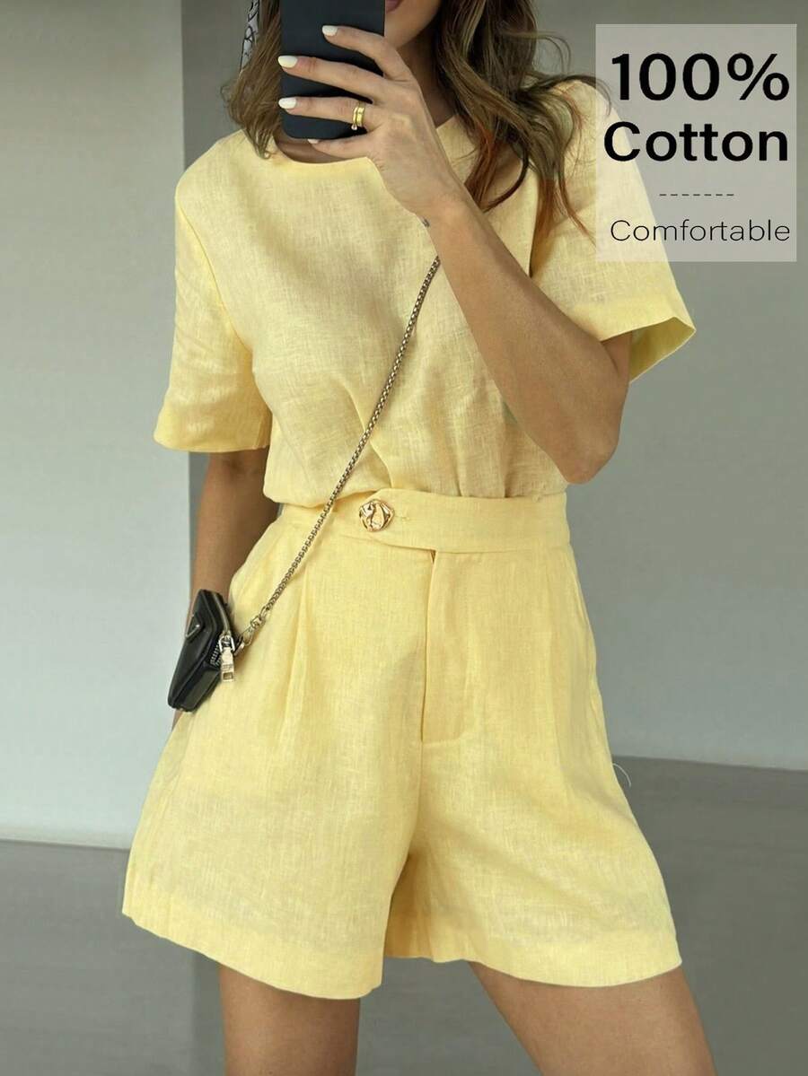 Siren Gaze 女士休闲简约设计圆领短袖两件套，夏季 - 黃色 - 查看 1