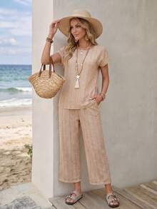 女士休闲度假风蝙蝠袖上衣和直筒七分裤两件套，春夏秋季 - 卡其色 - 查看 3