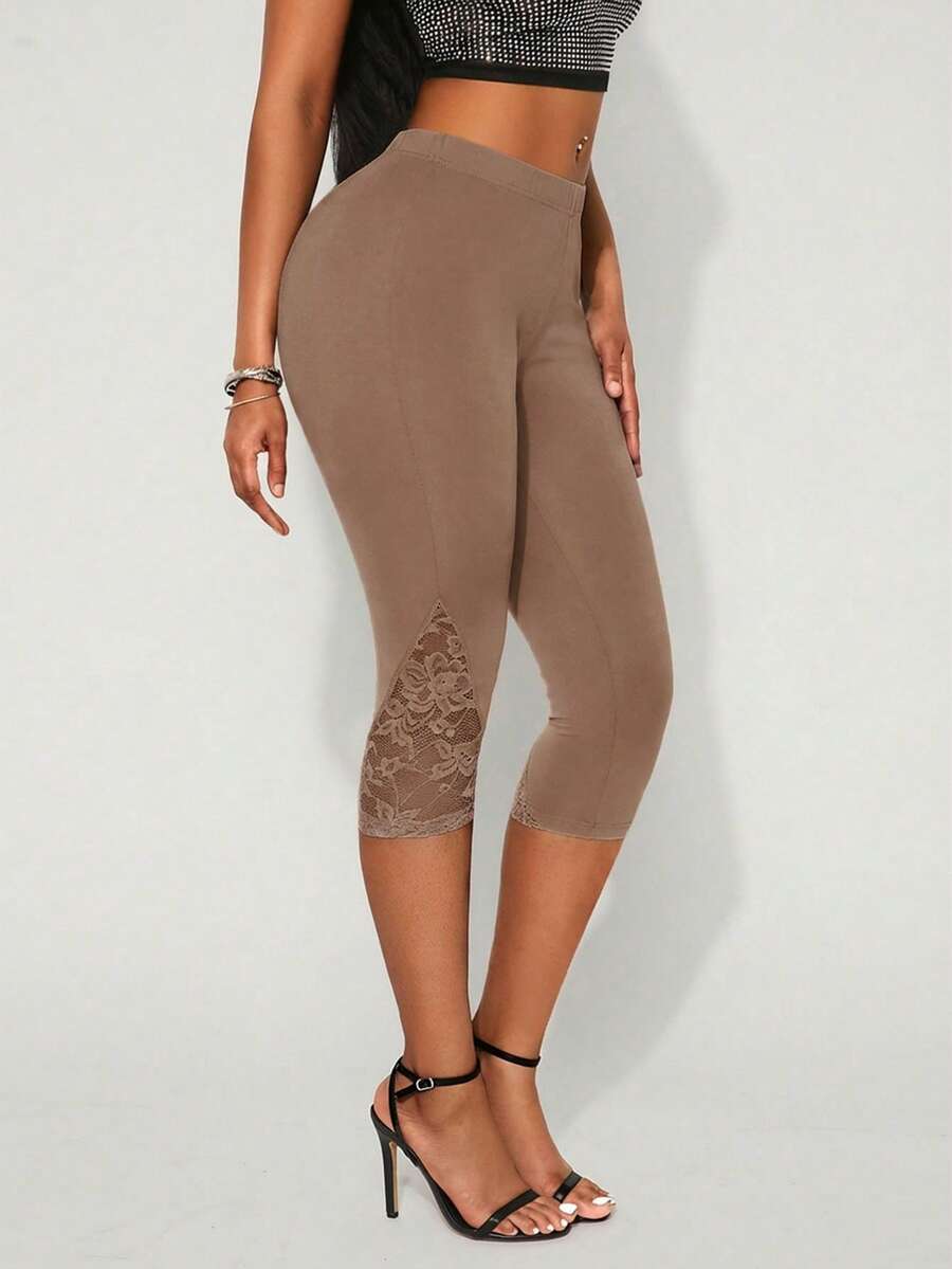 SHEIN SXY Quần legging ren tối giản màu trơn dành cho nữ, thích hợp mặc hàng ngày. - màu nâu - Xem 1