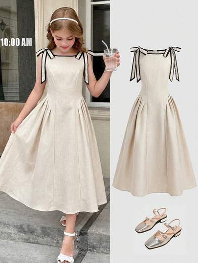 SHEIN Tween Mädchen Kleid im Farbblock-Design mit Schleife an der Taille, lässig-elegante Mode für vielseitigen Alltag, geeignet für Zeremonien, Partys und alle Anlässe, neues Tween Mädchenkleid