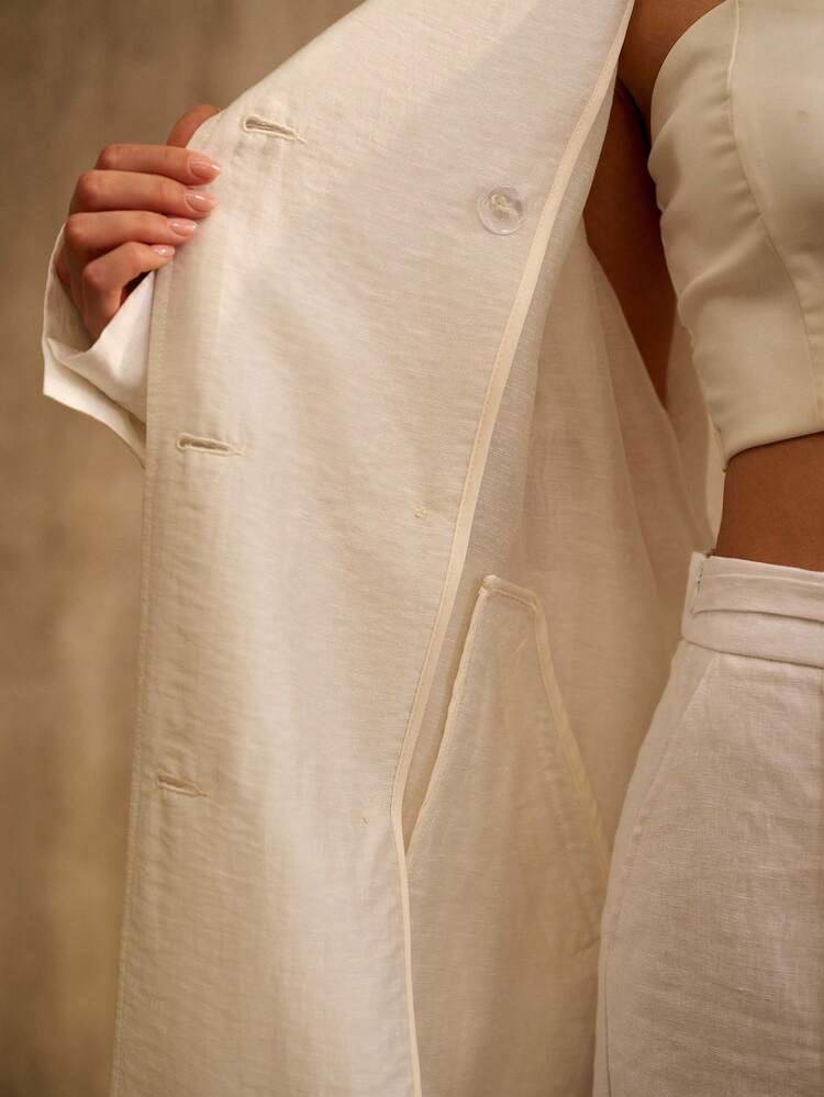 LINEN BLEND SUN PROTECTION SHIRT, MID-LENGTH LOOSE CASUAL OUTERWEAR WITH DOUBLE-BREASTED BUTTONS, LIGHTWEIGHT JACKET