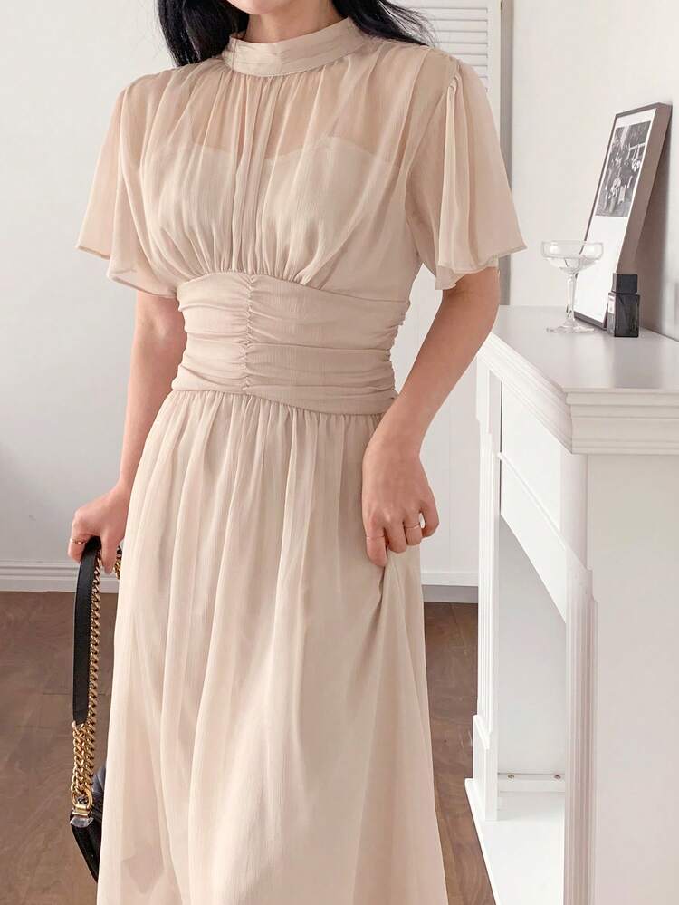 Women's Chiffon Waist Cinching Short Sleeve Midi Dress Sundress