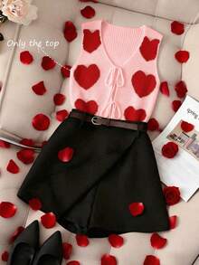 SHEIN Franclia Nuevo suéter sin mangas de punto con estampado de corazón romántico para el Día de San Valentín, de cuello en V casual con lazo, para mujer. Suéter de punto con diseño de corazón, top de punto lindo para mujer. Chaleco de punto con forma de corazón, suéter de punto de invierno para mujer - Multicolor - Ver 7
