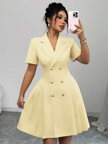 Elenzga 女款淡黃色夏季法式優雅V領雙排扣A字短袖洋裝，高品質辦公通勤正式洋裝 - 黃色 - 查看 4