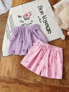SHEIN Quần short kẻ sọc cho bé gái (cỡ nhỏ) có nơ trang trí. - Nhiều màu - Xem 2