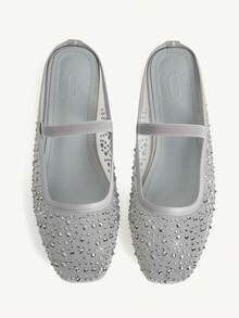 CUCCOO CHICEST Chaussures femme printemps été mode argent plein de diamants maille élastique femme plat mule chaussures élégantes lorsque confortables mignonnes douces chaussures plates femme demi-mules - Gris argenté 2 - Voir 1