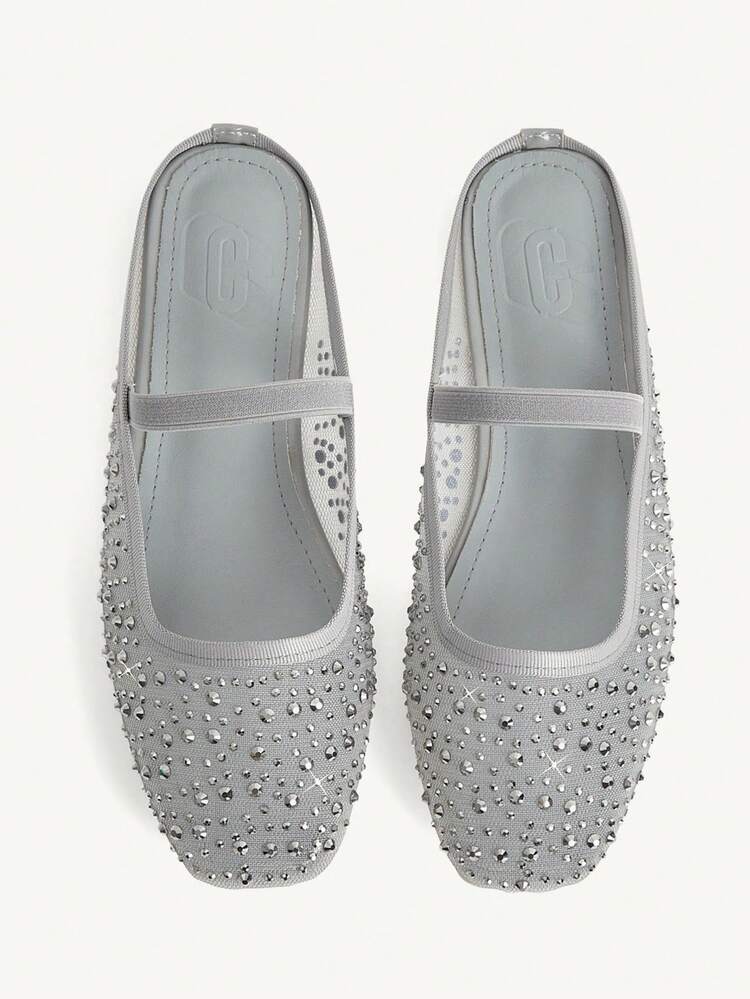 CUCCOO CHICEST Women Shoes Spring Summer Fashion Silver Full Diamond Mesh Elastic Women Flat Mule Shoes Elegant When Comfortable Cute Sweet Women Flat Shoes Half Slippers