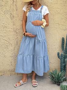 SHEIN Đầm denim bầu casual mùa hè, trang phục lễ hội, đi làm, nghỉ mát, tốt nghiệp, phong cách Y2K, dễ thương, thời trang đường phố, dự tiệc, đám cưới, thanh lịch, công sở, đi biển, lễ tốt nghiệp, lễ Phục sinh, đầm yếm denim không tay màu xanh nhạt cho nữ với dây đeo có nút và bèo nhún nhiều tầng, đầm lễ Phục sinh, đầm bầu hàng ngày, đầm denim đi làm hàng ngày - Màu xanh lam - Xem 7
