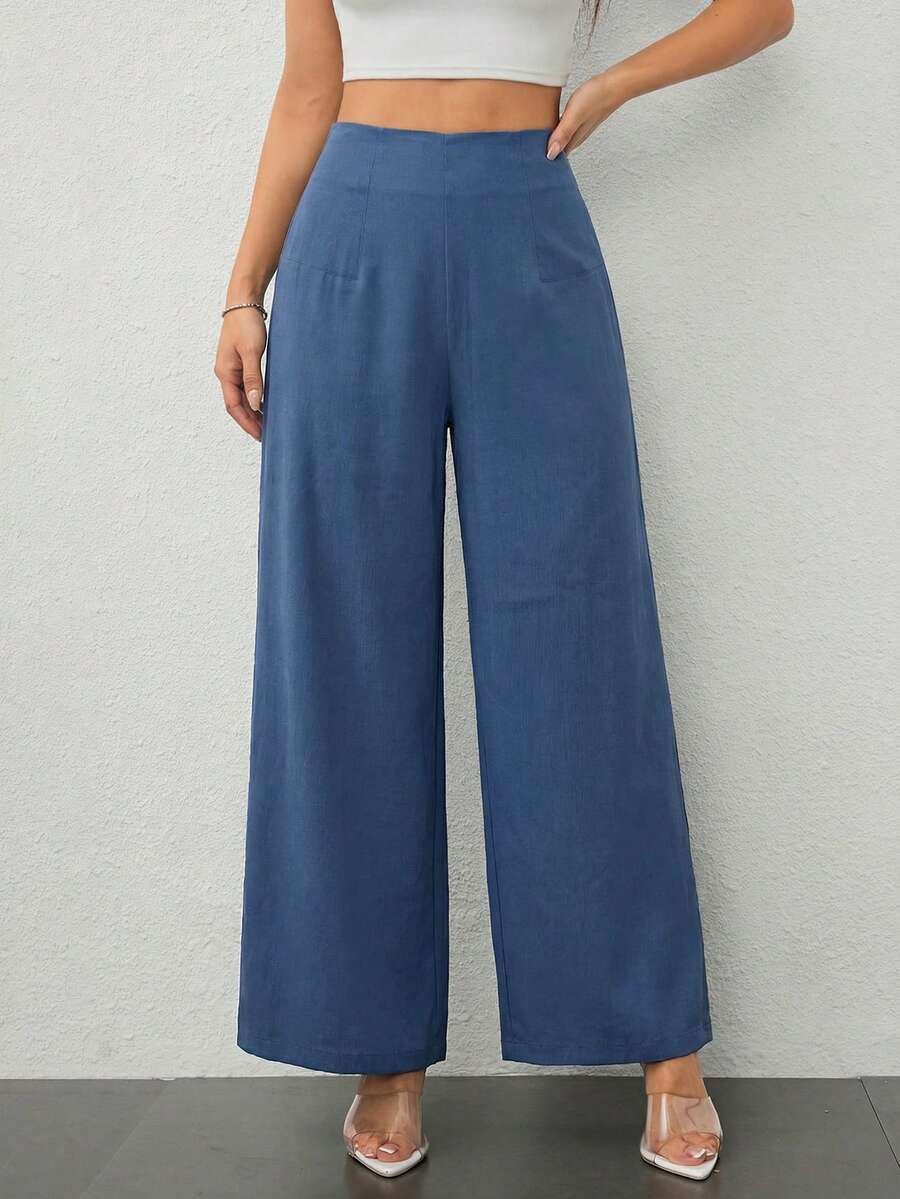 SHEIN PETITE Quần ống rộng cạp cao, chất liệu vải dệt, đơn giản, thoải mái dành cho nữ mùa tựu trường, phong cách cổ điển, thích hợp đi làm. - Màu xanh bụi bặm - Xem 1