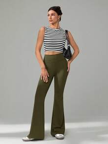 SHEIN Tall 女士纯色休闲高腰喇叭裤 - 軍綠色 - 查看 3