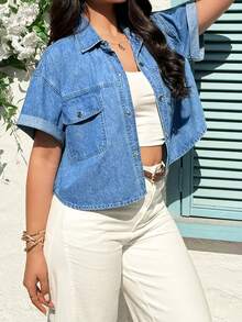 Rivivi Fashionable Casual Turndown Collar Button Washed Denim Jacket - Medium Wash - View 3