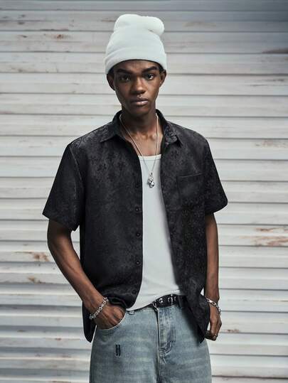 Modcrash Men's Casual Luxury Shirt – INS-Style Black Floral Jacquard Satin Short-Sleeve Shirt With Delicate Botanical Embroidery, Featuring Button-Front Closure. Perfect For Hawaiian Beach Escapes And Refined Everyday Wear. An Exquisite Gift For Boyfriends/Husbands – French-Inspired Timeless Elegance. ,Men's Floral Printed Button Down Casual Short Sleeve Shirt, Summer , Men S Shirts Button Up