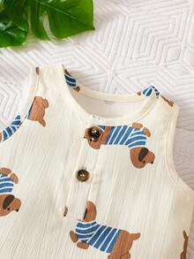 SHEIN 男婴腊肠犬印花无袖连体衣 - 卡其色 - 查看 6