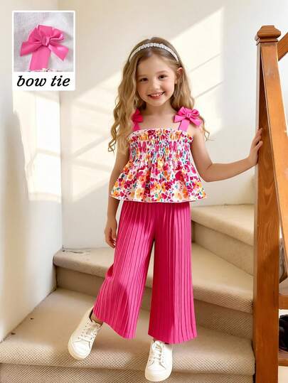 Vintaside Kids Girls (Small) Colorful Cute New Spring/Summer Vest Set, Floral Print Woven Fabric Top With Brown Ribbon Bow Decor Sleeveless Camisole, Paired With Textured Solid Pink Casual Pants, 2pcs Set, Suitable For Cute Young GirlKorean Casual, Daily Versatile, Comfortable For School, Outing, Holiday