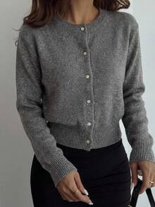 DAZY Women's Shiny Sequin Embellished Casual Cardigan Sweater - Grey - View 2