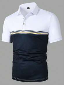 Manfinity Mode Men's Contrast Color Polo Shirt, Suitable For Outings And Office Wear Golf Shirt For Men Polo Shirt For Men Casual Polo Shirt Mens Collared Shirt Striped Polo Shirt  Old Money,Daily Leisure, Weekend Trips, Outdoor Activities, Travel Expeditions, Relaxed Work Environments Or Semi-Formal Occasions, Boyfriend/Husband Gift, Anniversary /Birthday Gift Party Summer Vacation Holiday,Wedding,Spring To Summer,Easter,Y2k,Vintage,Hawaiian - Blue and White - View 6