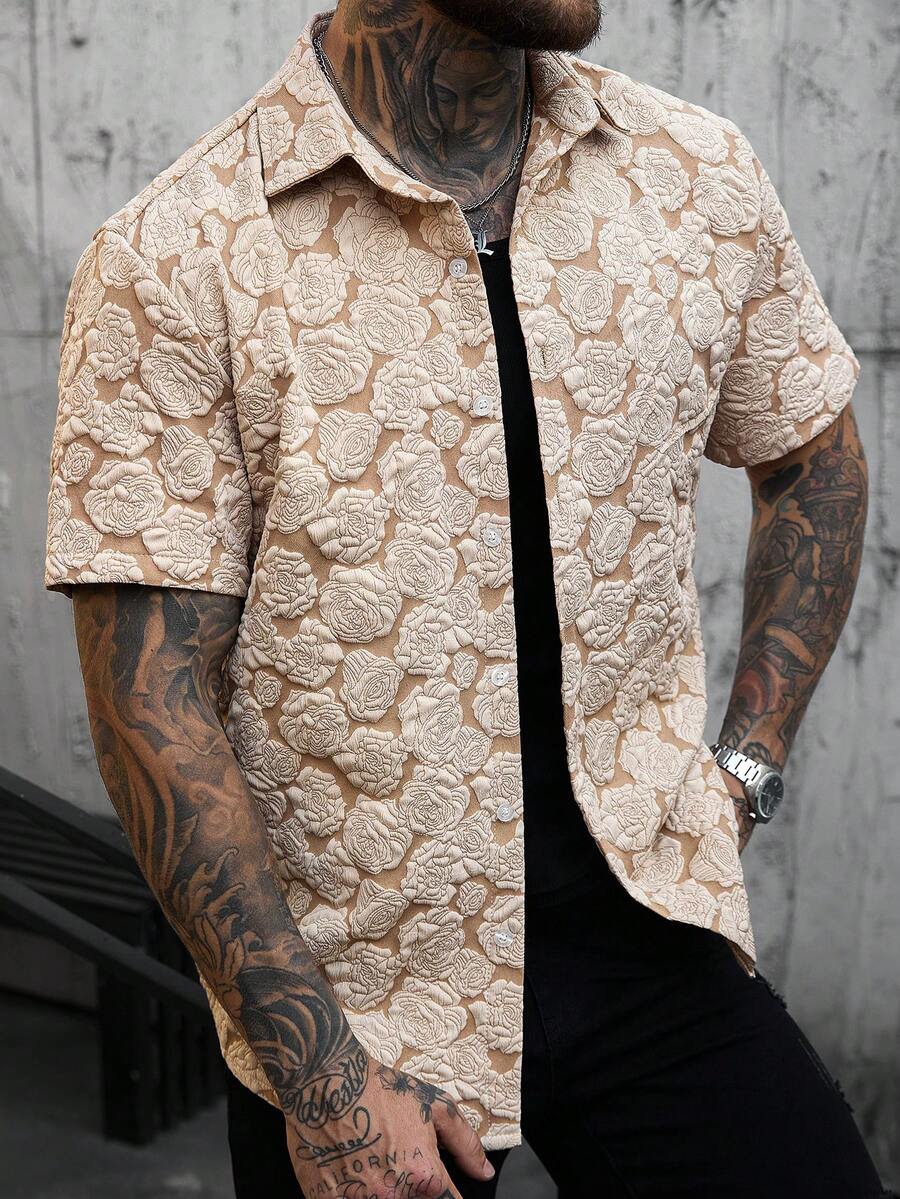 SLATEMANN Camisa de verano elegante de manga corta con botones delanteros para hombre - Caqui - Ver 1